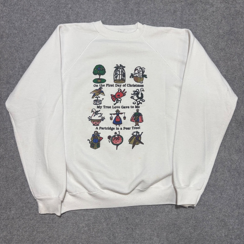 Vintage 12 Days of Christmas Sweatshirt XL White Raglan Made in USA Holiday